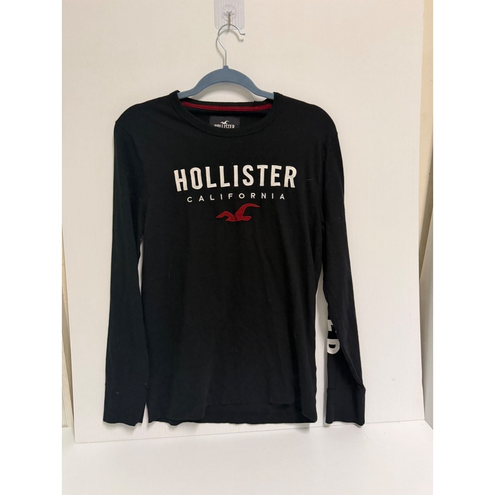 Hollister California Mens Small Black Long Sleeve Graphic T-Shirt Logo Cotton